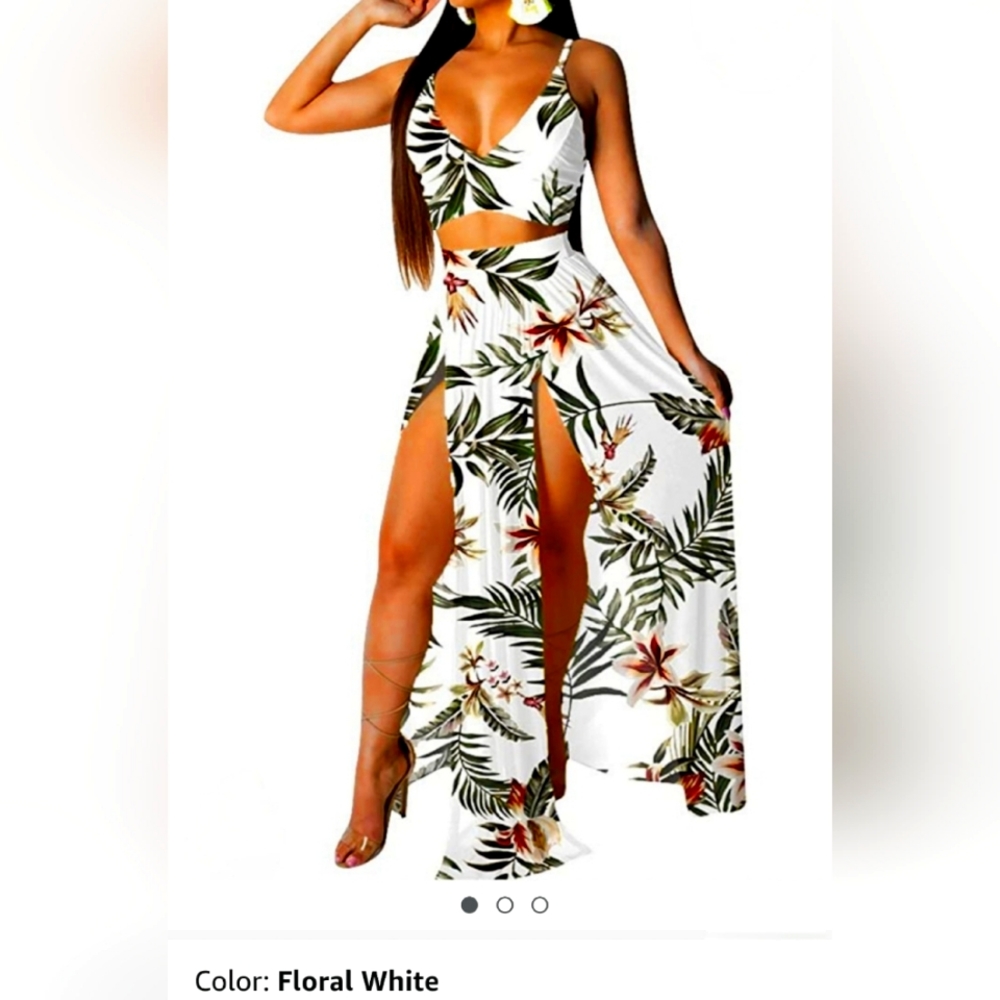 Chiffon Bohemian Floral Printed Sets Crop Cami Top & Split maxi skirt